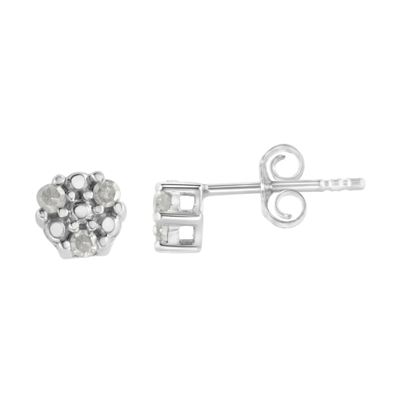 An image displaying .925 Sterling Silver 1/10 cttw Prong Set Round-Cut Trio Diamond Stud Earrings (I-J Color, I3 Clarity) by Infinite Jewels