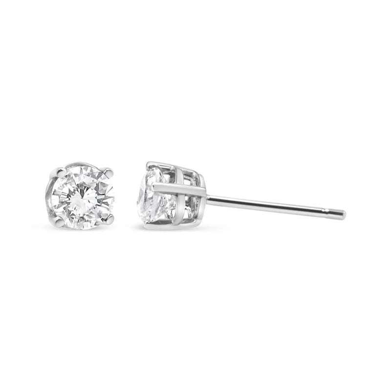 An image displaying 14K White Gold 3/4 Cttw Lab Grown Diamond 4-Prong Classic Stud Earrings (F-G Color, VS2-SI1 Clarity) by Infinite Jewels