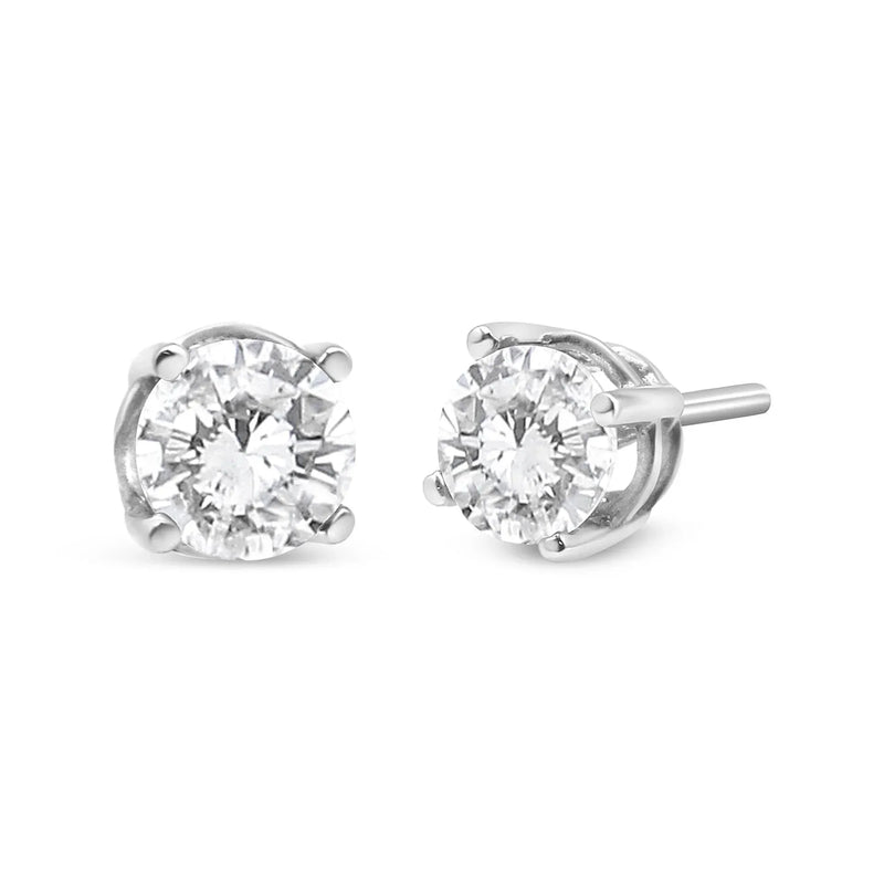 An image displaying 14K White Gold 3/4 Cttw Lab Grown Diamond 4-Prong Classic Stud Earrings (F-G Color, VS2-SI1 Clarity) by Infinite Jewels