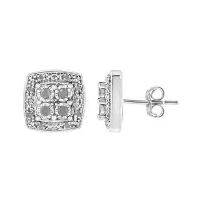 An image displaying .925 Sterling Silver 1/4 cttw Round Cut Diamond Square Shape Milgrain Stud Earrings (I-J Color, I3 Clarity) by Infinite Jewels