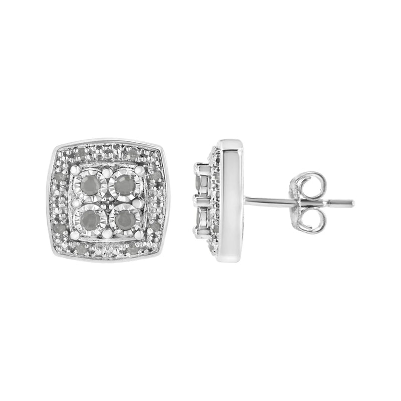 An image displaying .925 Sterling Silver 1/4 cttw Round Cut Diamond Square Shape Milgrain Stud Earrings (I-J Color, I3 Clarity) by Infinite Jewels