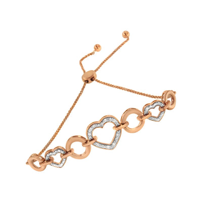 An image displaying 14K Rose Gold Plated .925 Sterling Silver Diamond Accent Circle and Heart Link Adjustable 6”-10” Bolo Bracelet (I-J Color, I3 Clarity) by Infinite Jewels