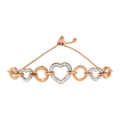 An image displaying 14K Rose Gold Plated .925 Sterling Silver Diamond Accent Circle and Heart Link Adjustable 6”-10” Bolo Bracelet (I-J Color, I3 Clarity) by Infinite Jewels