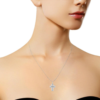 An image displaying .925 Sterling Silver Prong-Set Diamond Accent Bold Cross 18" Pendant Necklace (I-J Color, I1-I2 Clarity) by Infinite Jewels