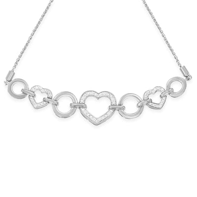 An image displaying .925 Sterling Silver Diamond Accent Interlinking Triple Heart 4”-10” Adjustable Bolo Tennis Bracelet Bolo Bracelet (H-I Color, I2-I3 Clarity) by Infinite Jewels