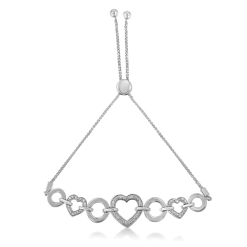 An image displaying .925 Sterling Silver Diamond Accent Interlinking Triple Heart 4”-10” Adjustable Bolo Tennis Bracelet Bolo Bracelet (H-I Color, I2-I3 Clarity) by Infinite Jewels