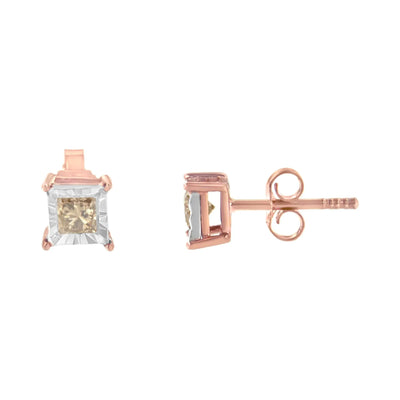An image displaying 14K Rose Gold Plated Two-Tone .925 Sterling Silver 1/2 Cttw Princess-Cut Square Diamond Solitaire Miracle-Plate Stud Earrings (K-L Color, I2-I3 Clarity) by Infinite Jewels