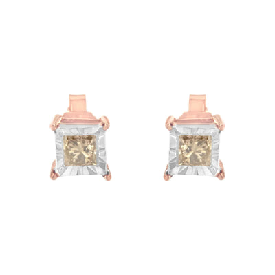 An image displaying 14K Rose Gold Plated Two-Tone .925 Sterling Silver 1/2 Cttw Princess-Cut Square Diamond Solitaire Miracle-Plate Stud Earrings (K-L Color, I2-I3 Clarity) by Infinite Jewels