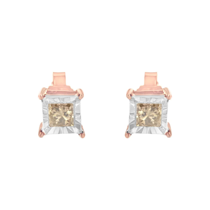 An image displaying 14K Rose Gold Plated Two-Tone .925 Sterling Silver 1/2 Cttw Princess-Cut Square Diamond Solitaire Miracle-Plate Stud Earrings (K-L Color, I2-I3 Clarity) by Infinite Jewels