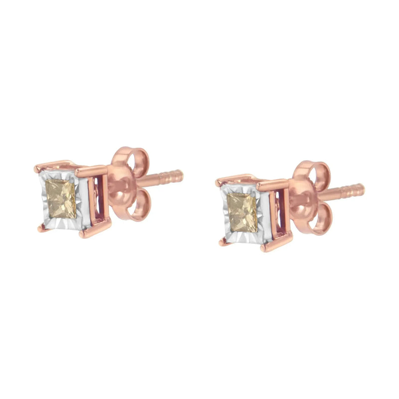 An image displaying 14K Rose Gold Plated Two-Tone .925 Sterling Silver 1/2 Cttw Princess-Cut Square Diamond Solitaire Miracle-Plate Stud Earrings (K-L Color, I2-I3 Clarity) by Infinite Jewels