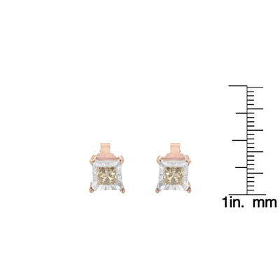 An image displaying 14K Rose Gold Plated Two-Tone .925 Sterling Silver 1/2 Cttw Princess-Cut Square Diamond Solitaire Miracle-Plate Stud Earrings (K-L Color, I2-I3 Clarity) by Infinite Jewels