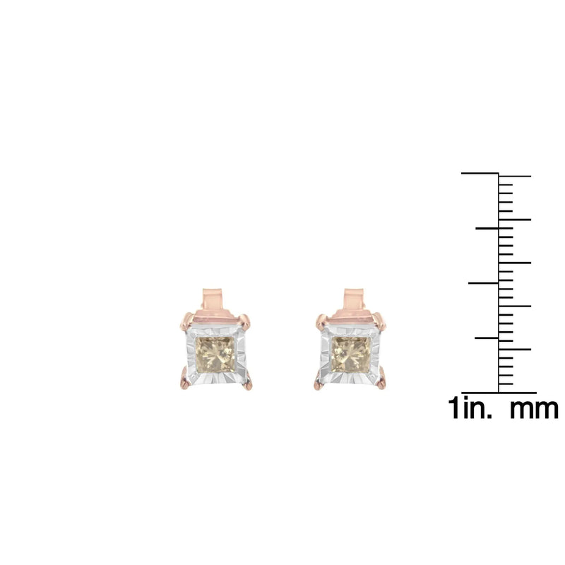 An image displaying 14K Rose Gold Plated Two-Tone .925 Sterling Silver 1/2 Cttw Princess-Cut Square Diamond Solitaire Miracle-Plate Stud Earrings (K-L Color, I2-I3 Clarity) by Infinite Jewels