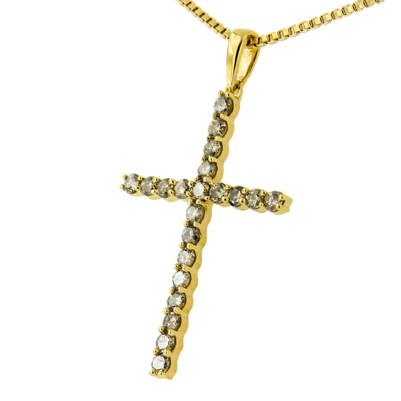 An image displaying 14K Yellow Gold Plated .925 Sterling Silver 1/2 Cttw Champagne Diamond Cross Pendant Necklace (K-L Color, I1-I2 Clarity) - 18" by Infinite Jewels