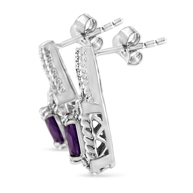 An image displaying .925 Sterling Silver 8x6 MM Natural Oval Purple Amethyst Gemstone and Diamond Accent Art Deco Style Drop and Dangle Earrings (I-J Color, I1-I2 Clarity) by Infinite Jewels