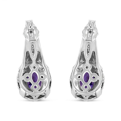 An image displaying .925 Sterling Silver 8x6 MM Natural Oval Purple Amethyst Gemstone and Diamond Accent Art Deco Style Drop and Dangle Earrings (I-J Color, I1-I2 Clarity) by Infinite Jewels