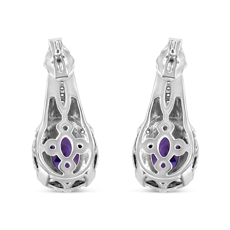 An image displaying .925 Sterling Silver 8x6 MM Natural Oval Purple Amethyst Gemstone and Diamond Accent Art Deco Style Drop and Dangle Earrings (I-J Color, I1-I2 Clarity) by Infinite Jewels