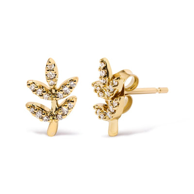 An image displaying 10K Yellow Gold 1/10 Cttw Diamond Accented Leaf and Branch Stud Earrings (H-I Color, I1-I2 Clarity) by Infinite Jewels
