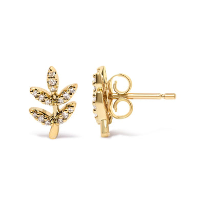 An image displaying 10K Yellow Gold 1/10 Cttw Diamond Accented Leaf and Branch Stud Earrings (H-I Color, I1-I2 Clarity) by Infinite Jewels