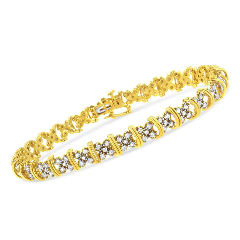 An image displaying 10K Yellow Gold Plated .925 Sterling Silver 2.0 Cttw Round Diamond Cluster "X" Shaped Link Bracelet (H-I Color, I3 Clarity) - 7" by Infinite Jewels