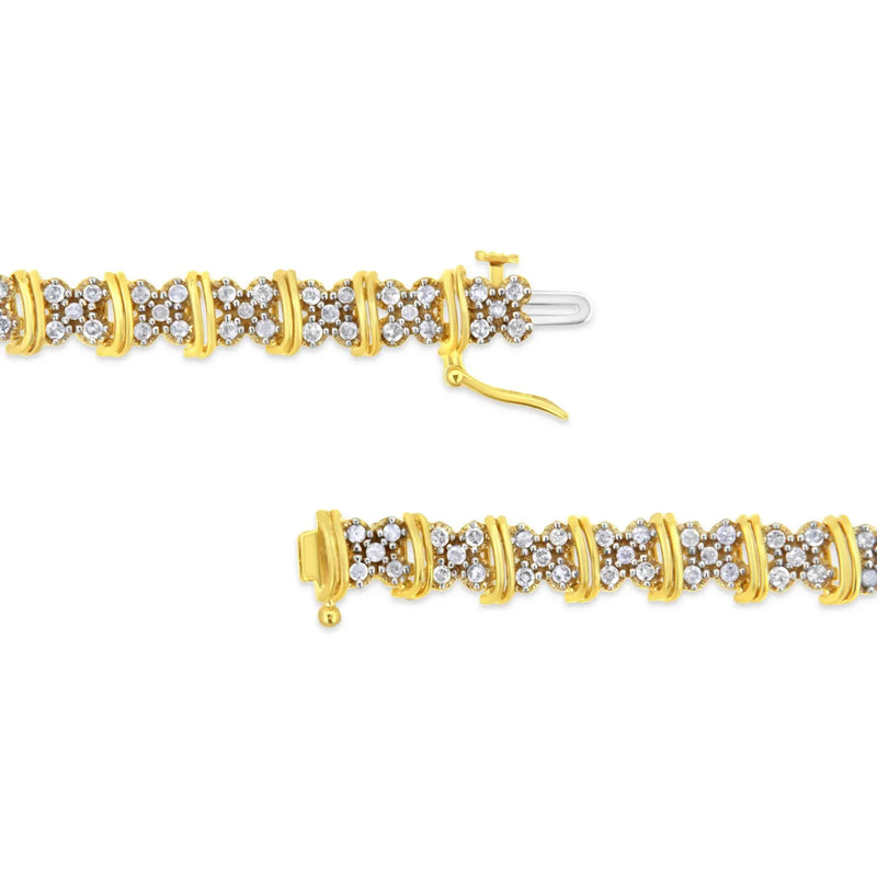 An image displaying 10K Yellow Gold Plated .925 Sterling Silver 2.0 Cttw Round Diamond Cluster "X" Shaped Link Bracelet (H-I Color, I3 Clarity) - 7" by Infinite Jewels