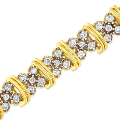An image displaying 10K Yellow Gold Plated .925 Sterling Silver 2.0 Cttw Round Diamond Cluster "X" Shaped Link Bracelet (H-I Color, I3 Clarity) - 7" by Infinite Jewels