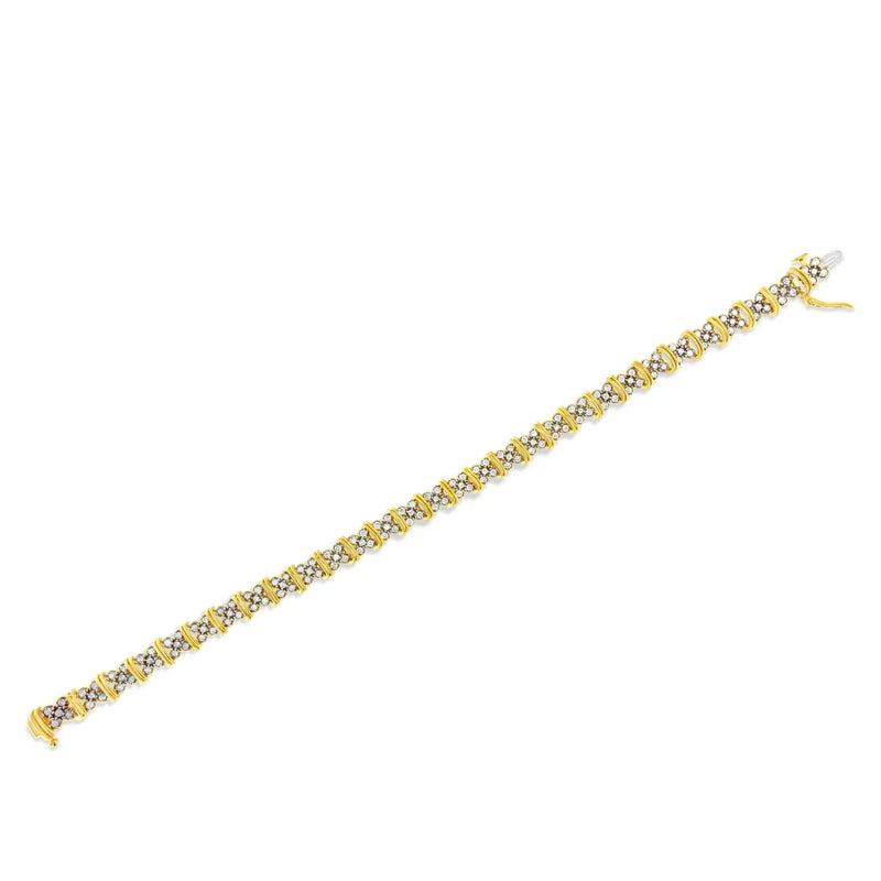 An image displaying 10K Yellow Gold Plated .925 Sterling Silver 2.0 Cttw Round Diamond Cluster "X" Shaped Link Bracelet (H-I Color, I3 Clarity) - 7" by Infinite Jewels