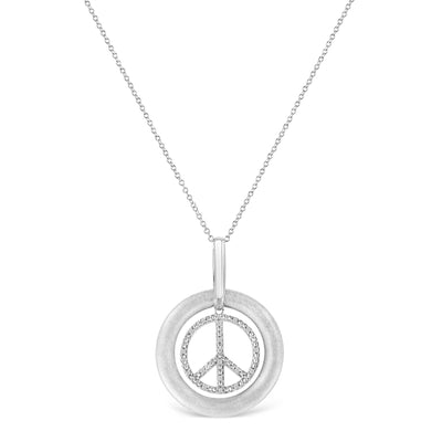 An image displaying Matte Finish .925 Sterling Silver Diamond Accent Dancing Peace Sign 18" Pendant Necklace (I-J Color, I1-I2 Clarity) by Infinite Jewels