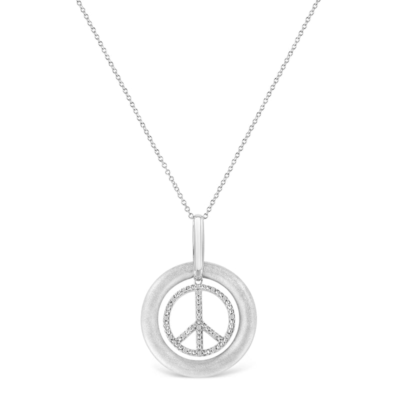 An image displaying Matte Finish .925 Sterling Silver Diamond Accent Dancing Peace Sign 18" Pendant Necklace (I-J Color, I1-I2 Clarity) by Infinite Jewels