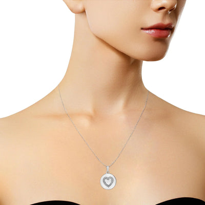 An image displaying .925 Sterling Silver Prong-Set Diamond Accent Heart Emblemed 18" Pendant Necklace (I-J Color, I1-I2 Clarity) by Infinite Jewels