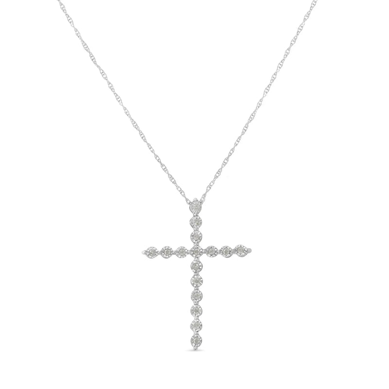 An image displaying .925 Sterling Silver 1/6 Cttw Brilliant-Cut Diamond Miracle-Set Shared Prong Cross 18" Pendant Necklace (I-J Color, I2-I3 Clarity) by Infinite Jewels