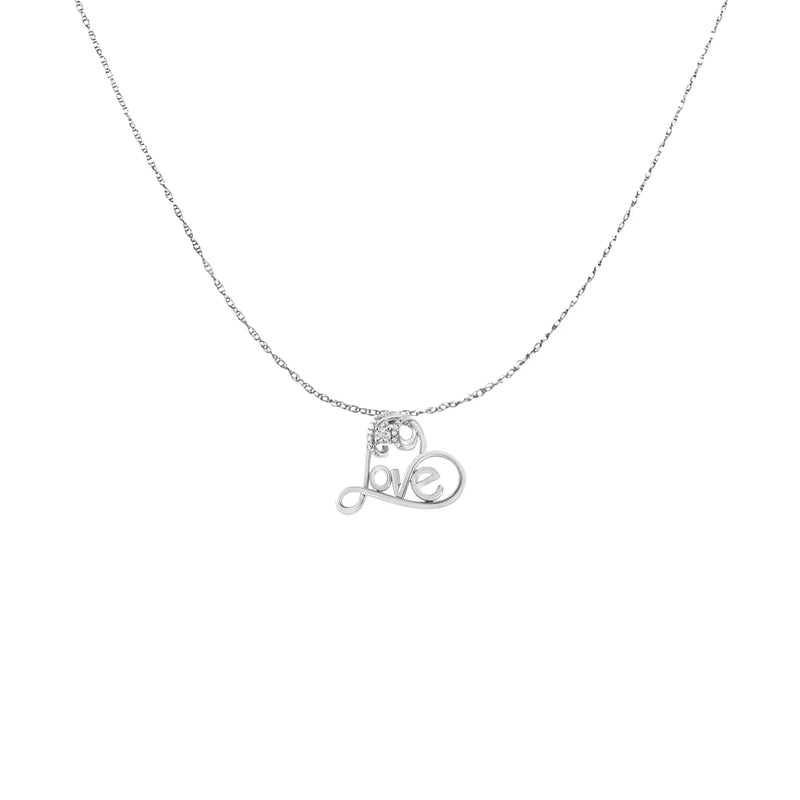 An image displaying .925 Sterling Silver 1/10 Cttw Round Brilliant-Cut Diamond Accented Open Heart with Love 18" Pendant Necklace (H-I Color, I1-I2 Clarity) by Infinite Jewels