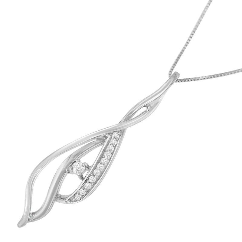 An image displaying Espira 10K White Gold Round Diamond Accented Open Cascade Twist 18" Pendant Necklace (1/10 Cttw, J-K Color, I1-I2 Clarity) by Infinite Jewels