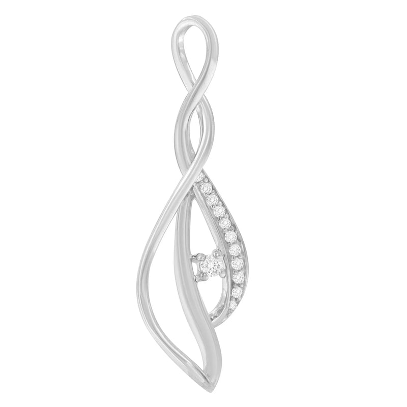 An image displaying Espira 10K White Gold Round Diamond Accented Open Cascade Twist 18" Pendant Necklace (1/10 Cttw, J-K Color, I1-I2 Clarity) by Infinite Jewels