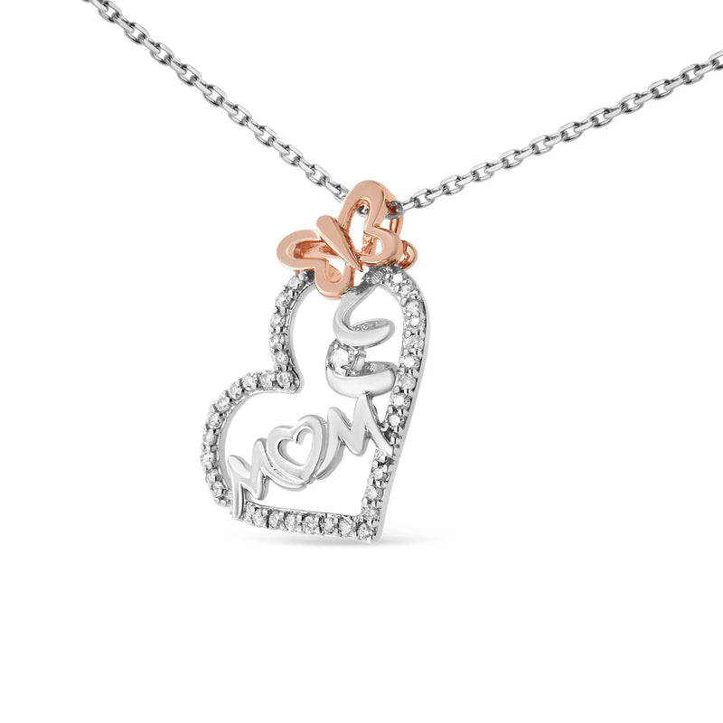 An image displaying Two Tone .925 Sterling Silver 1/5 cttw Diamond "Mom" and Heart Pendant Necklace (H-I, I1-I2) by Infinite Jewels