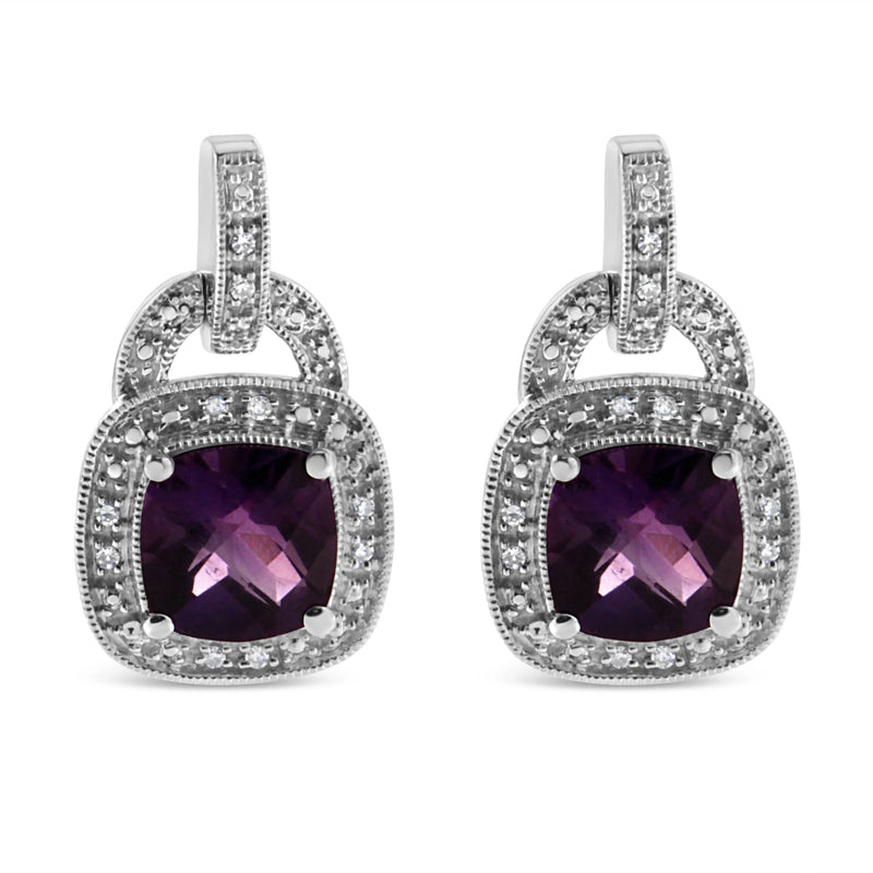 An image displaying .925 Sterling Silver 8MM Natural Cushion Shaped Amethyst and Diamond Accent Halo with Push Back Dangle Earrings (I-J Color, I2-I3 Clarity) by Infinite Jewels
