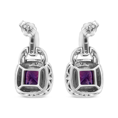 An image displaying .925 Sterling Silver 8MM Natural Cushion Shaped Amethyst and Diamond Accent Halo with Push Back Dangle Earrings (I-J Color, I2-I3 Clarity) by Infinite Jewels