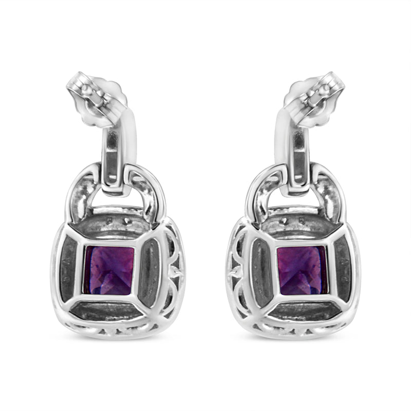 An image displaying .925 Sterling Silver 8MM Natural Cushion Shaped Amethyst and Diamond Accent Halo with Push Back Dangle Earrings (I-J Color, I2-I3 Clarity) by Infinite Jewels