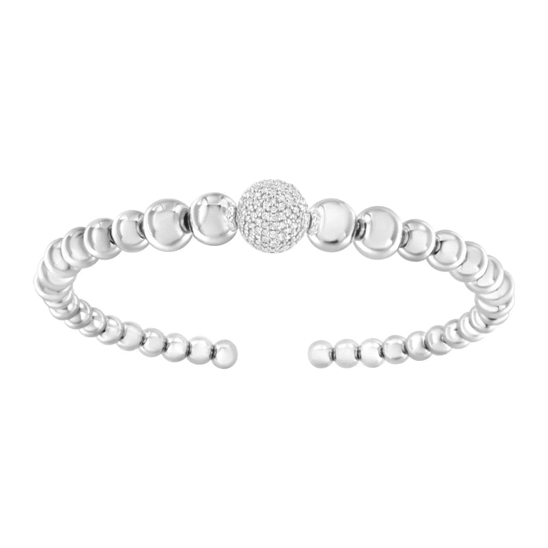 An image displaying .925 Sterling Silver 1/6 Cttw Diamond Rondelle Graduated Ball Bead Cuff Bangle Bracelet (I-J color, I2-I3 clarity) - Fits wrists up to 7 1/2 inches by Infinite Jewels