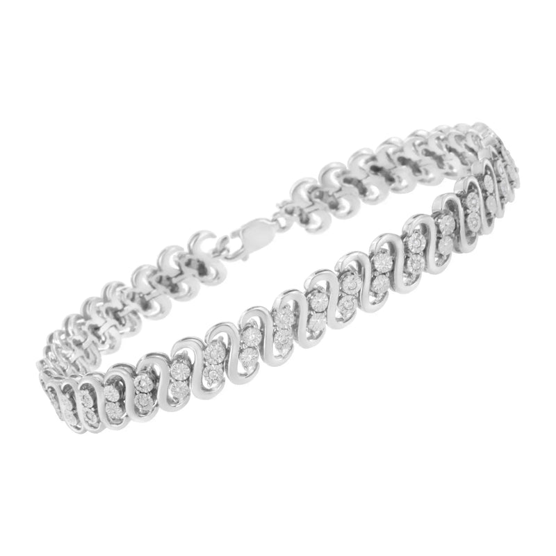 An image displaying .925 Sterling Silver 1/4 cttw Round-Cut Diamond Double Row Wrapped S-Link Bracelet (I-J Color, I2-I3 Clarity) - Size 7.25" by Infinite Jewels