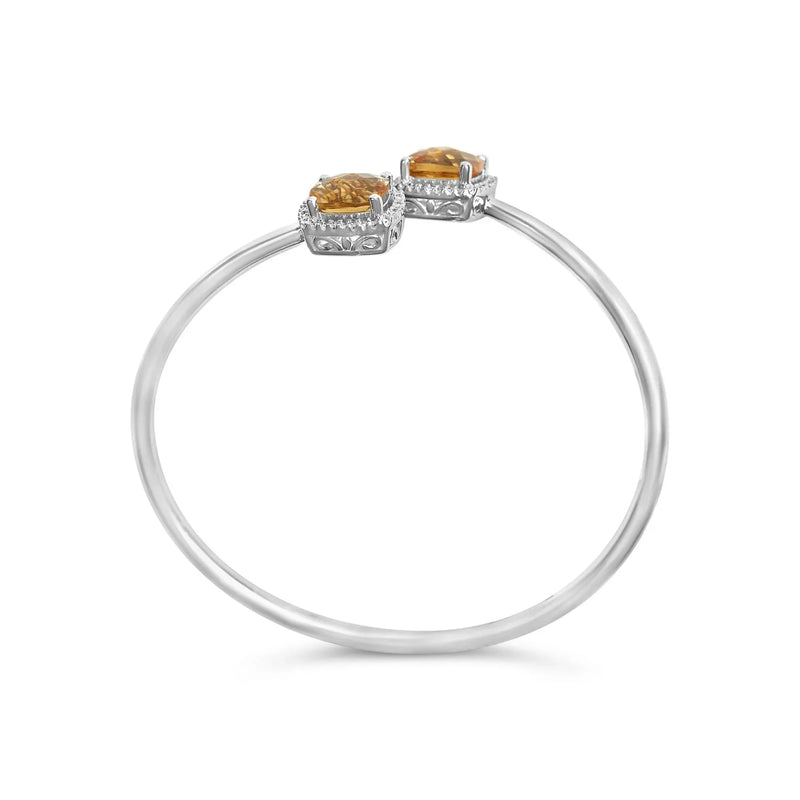 An image displaying .925 Sterling Silver 8mm Cushion Cut Yellow Citrine Gemstone and Diamond Accent Split Bypass Bangle Bracelet (H-I Color, SI1-SI2 Clarity) - Fits up to 7.75" Inches by Infinite Jewels
