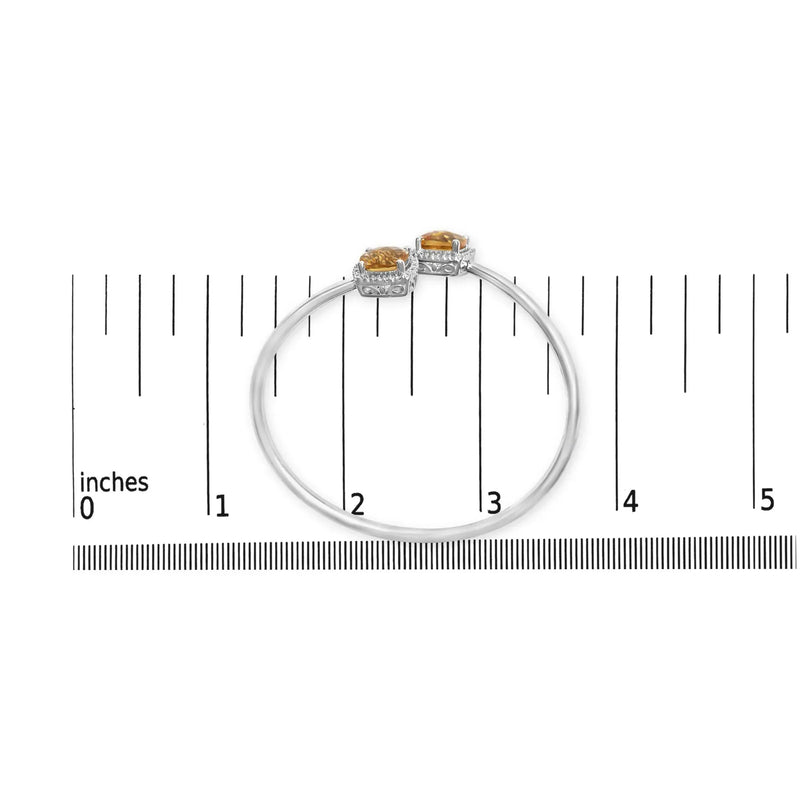 An image displaying .925 Sterling Silver 8mm Cushion Cut Yellow Citrine Gemstone and Diamond Accent Split Bypass Bangle Bracelet (H-I Color, SI1-SI2 Clarity) - Fits up to 7.75" Inches by Infinite Jewels
