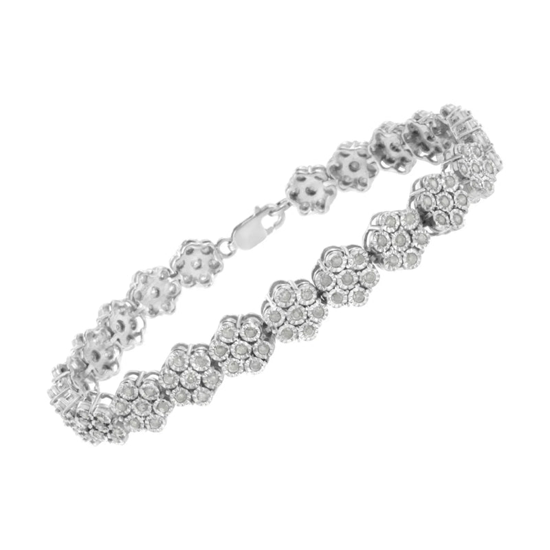 An image displaying .925 Sterling Silver 2.0 cttw Diamond 7 Stone Floral Cluster Link Bracelet (I-J Color, I3 Clarity) -7.25" by Infinite Jewels