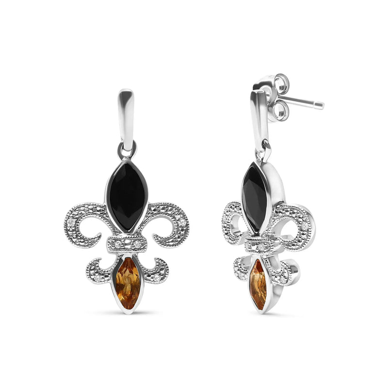 An image displaying .925 Sterling Silver Marquise Cut Onyx and Citrine with Diamond Accent Fleur De Lis Drop Stud Earrings (H-I Color, SI1-SI2 Clarity) by Infinite Jewels