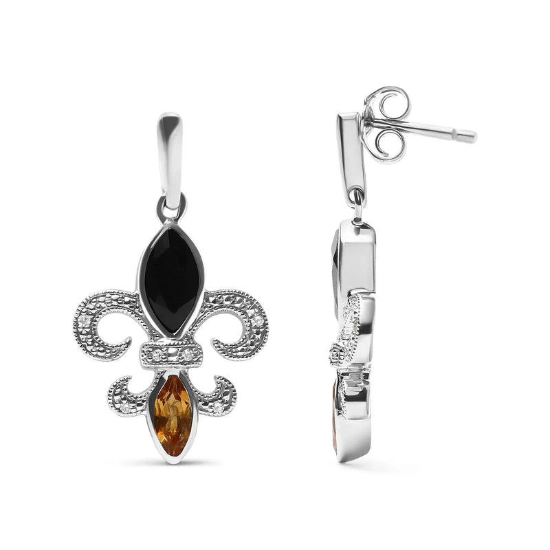 An image displaying .925 Sterling Silver Marquise Cut Onyx and Citrine with Diamond Accent Fleur De Lis Drop Stud Earrings (H-I Color, SI1-SI2 Clarity) by Infinite Jewels