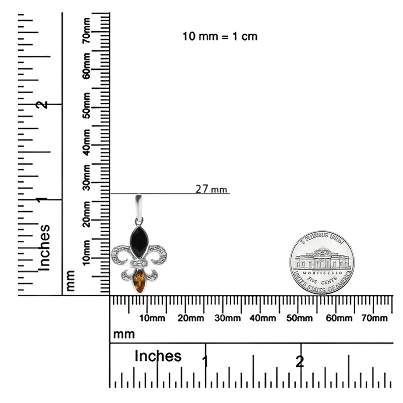 An image displaying .925 Sterling Silver Marquise Cut Onyx and Citrine with Diamond Accent Fleur De Lis Drop Stud Earrings (H-I Color, SI1-SI2 Clarity) by Infinite Jewels