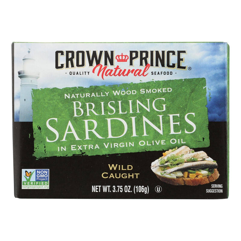 An image displaying Crown Prince Brisling Sardines In Extra Virgin Olive Oil - Case Of 12 - 3.75 Ounce by Crown Prince