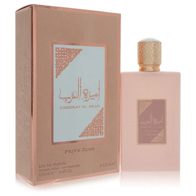 An image displaying Asdaaf Ameerat Al Arab Prive Rose by Lattafa Eau De Parfum Spray 3.4 oz for Women by Lattafa