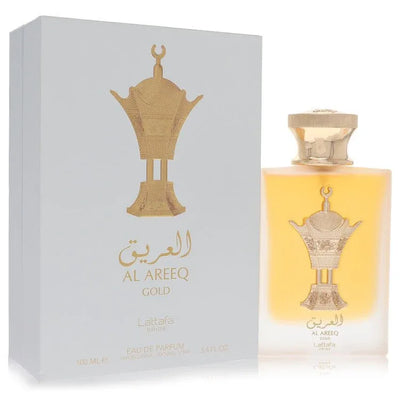 An image displaying Lattafa Al Areeq Gold by Lattafa Eau De Parfum Spray 3.4 oz for Men by Lattafa
