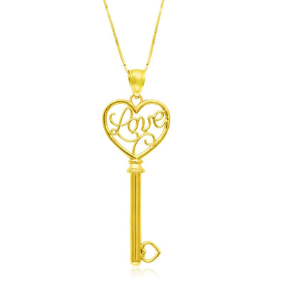 An image displaying 14k Yellow Gold Skeleton Key Style LOVE Pendant by Orca Market