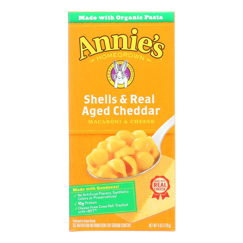 An image displaying Annies Homegrown Macaroni And Cheese - Organic - Shells And Real Aged Cheddar - 6 Ounce - Case Of 12 by Annie&